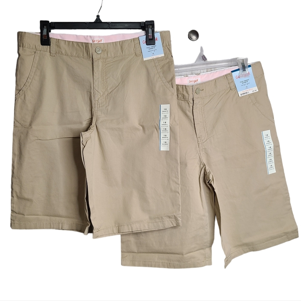 Cat & Jack Khaki Adjustable Waist Flat Front Shorts 2 Pairs Lot  Boys Size 18